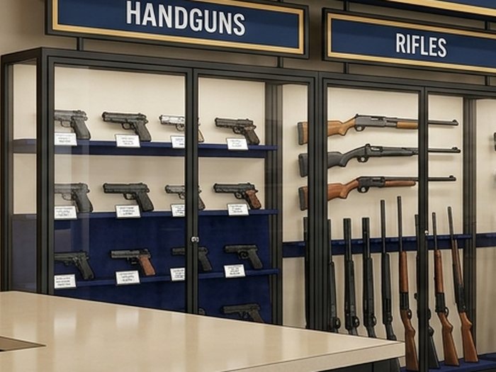 Design rendering of locked glass cases for handguns and rifles.