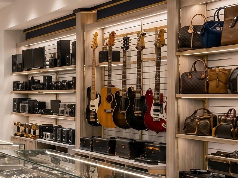 Design rendering of a wall of guitars, handbags, speakers, and cameras.