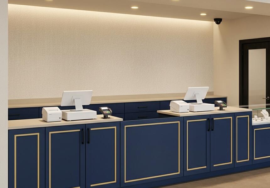 Design rendering of a navy and brass pawn counter with point of sale stations.