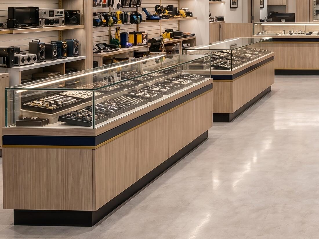 Design rendering of a bright showroom with glass jewelry cases and lit wall shelving.