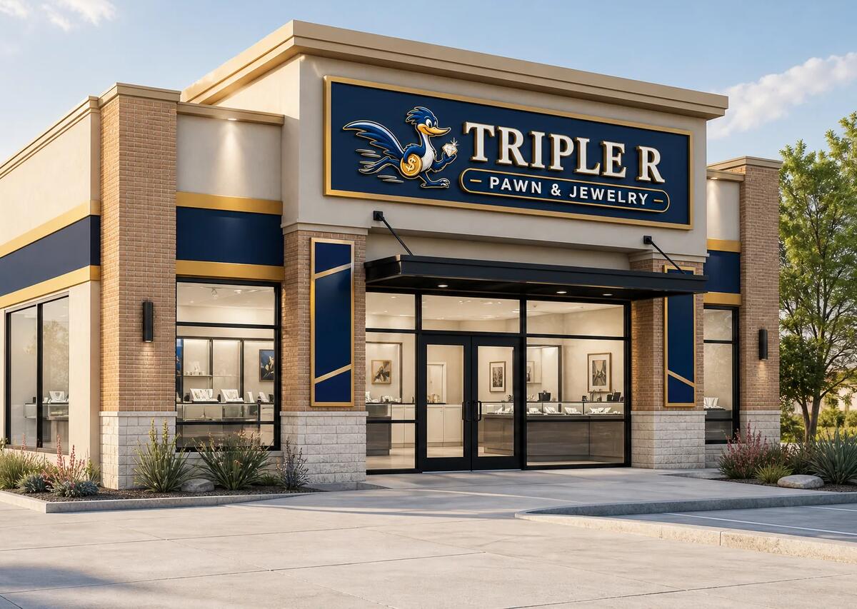Design rendering of the Triple R Pawn and Jewelry storefront: a navy and gold sign with the roadrunner logo above glass doors and bright display windows.