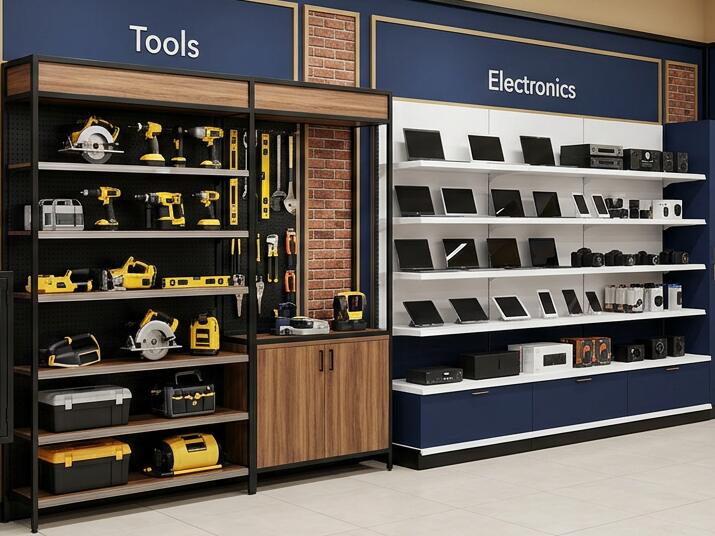 Design rendering of a tools and electronics wall with power tools, tablets, and cameras.